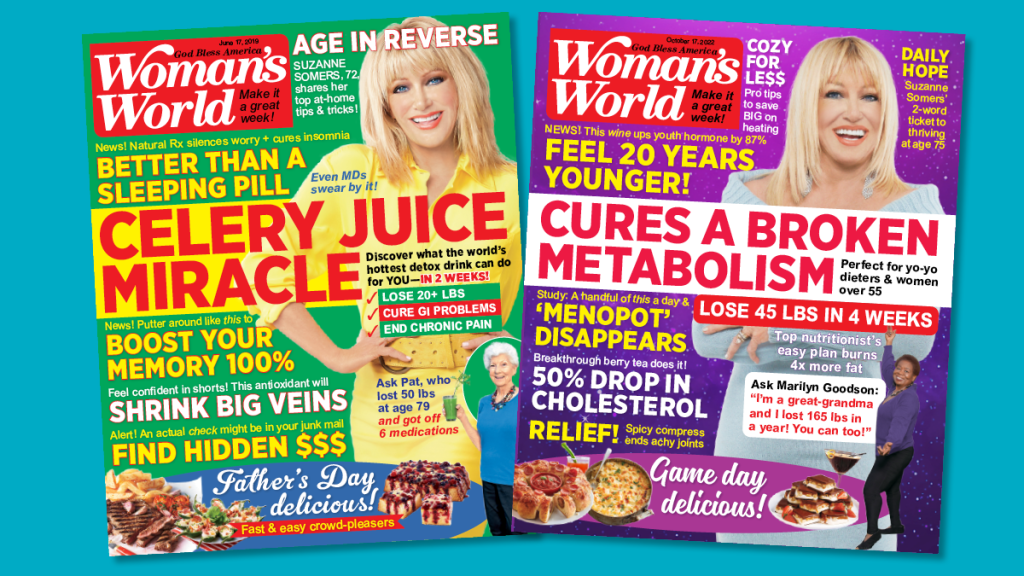 Two issues of Woman's World featuring Suzanne Somers on the cover