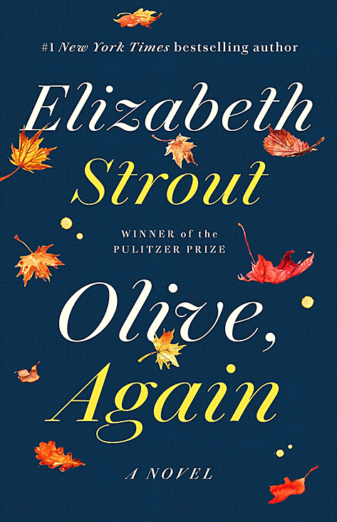 Best loneliness books: Olive, Again by Elizabeth Strout book cover that shows a navy blue background with autumn leaves falling around