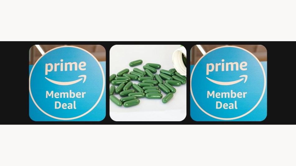 An image of Amazon Prime sign with a stock image of green pills pouring out of a bottle.