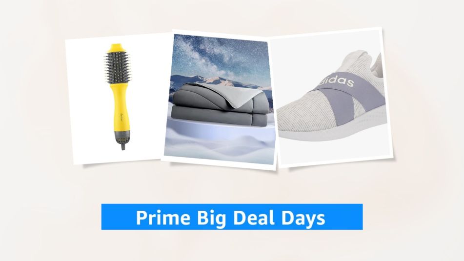 Products on sale during Prime Big Deal Days including a DryBar Hairdryer, cooling comforter, and adidas sneakers with a 'Prime Big Deal Days' banner at the bottom of the collage.