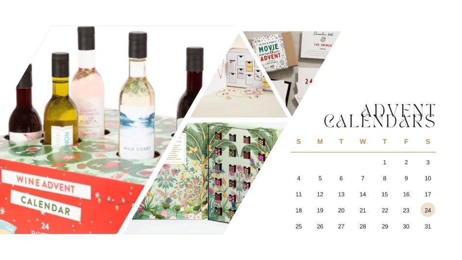 A collage of various advent calendars from retailers like Etsy for the 2023 holiday season.