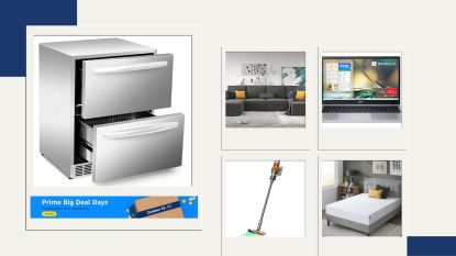 A collage of images including a mini-fridge, couch, laptop, vacuum, and mattress on sale to shop during Prime Big Deal Days.