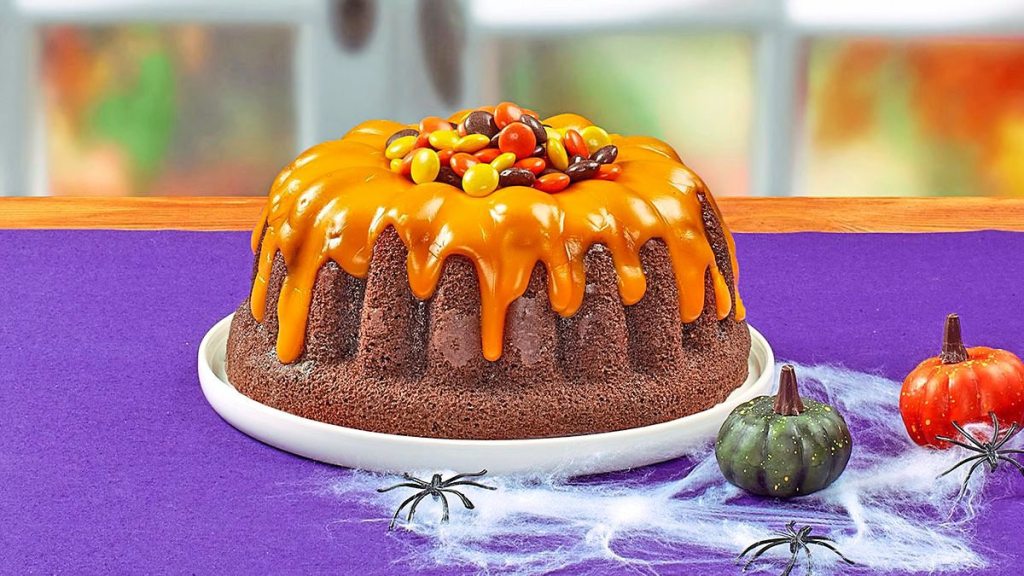 Chocolate Peanut Butter Bundt sits waiting to be eaten (halloween cakes)