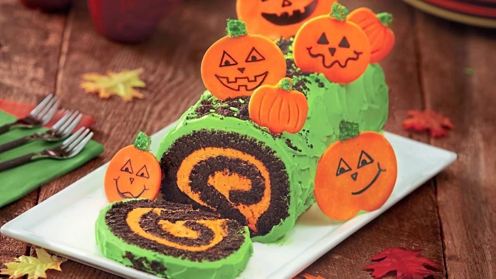 Pumpkin Patch Cake sits on a white plate (halloween cakes)