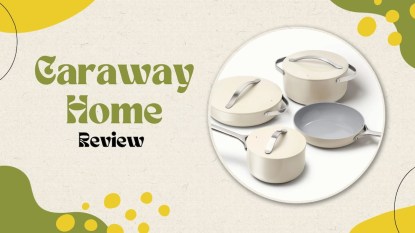 An image that reads 'Caraway Home Review' with a picture of the company's 4-piece non-stick cookware set.