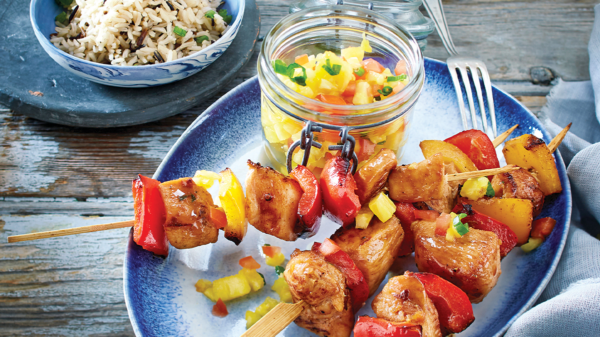 chicken skewers with mango salsa