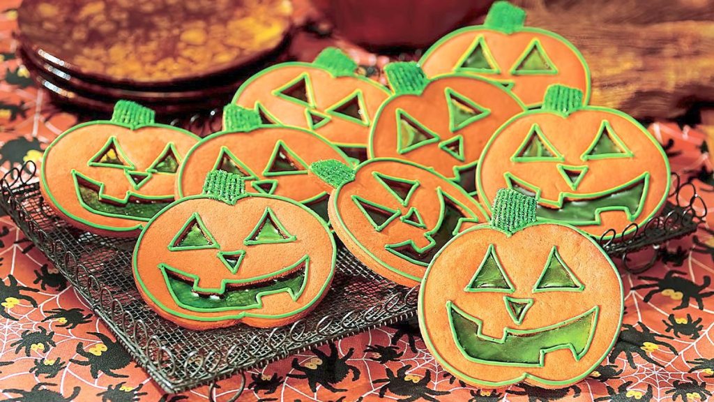 Halloween Cookies: 1. Glowing Jack O Lantern Cookies sits looking spooky