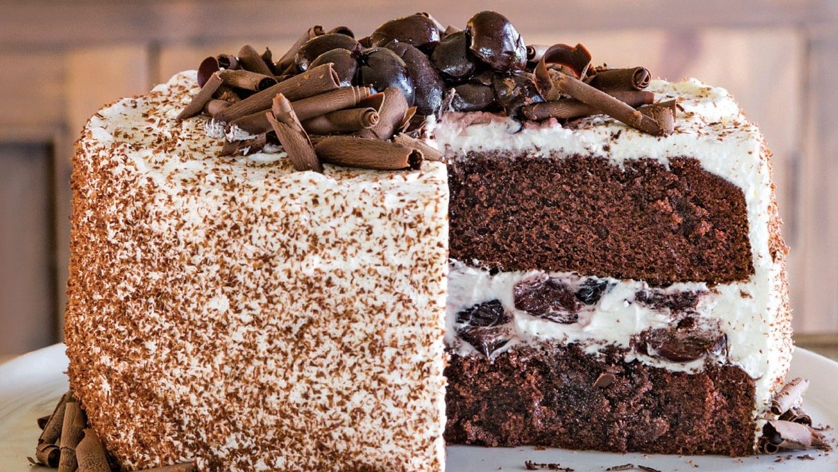 black forest cake recipe with chocolate shavings and cherries