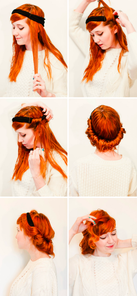 A woman with red hair creating heatless curls using a headband, which is similar to how to do sock curls