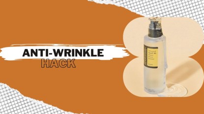 An image that reads 'anti-wrinkle hack' with a picture of the product COSRX Snail Mucin 96% Power Repairing Essence from Amazon.