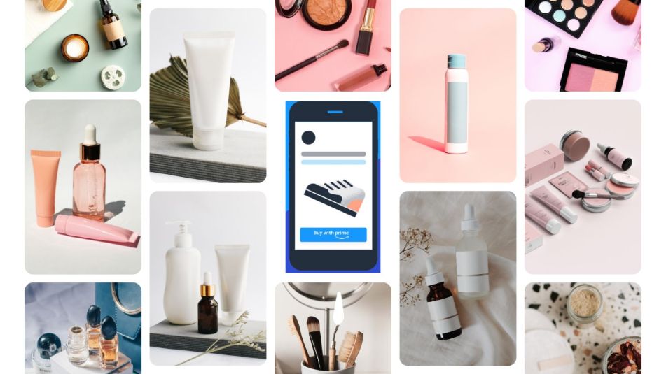 Various stock images of beauty products with an image of a cell phone shopping for Amazon Prime Big Deal Days.