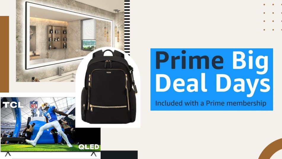 A collage of images including an LED mirror, travel backpack, and smart TV which are on sale during Prime Big Deal Days.