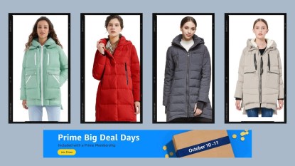 Four images of women's winter jackets and coats on sale during Prime Big Deal Days in a collage format.