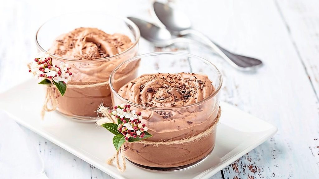 Honey–Peanut Butter Cocoa Mousse sits on a white plate (5 minute desserts)