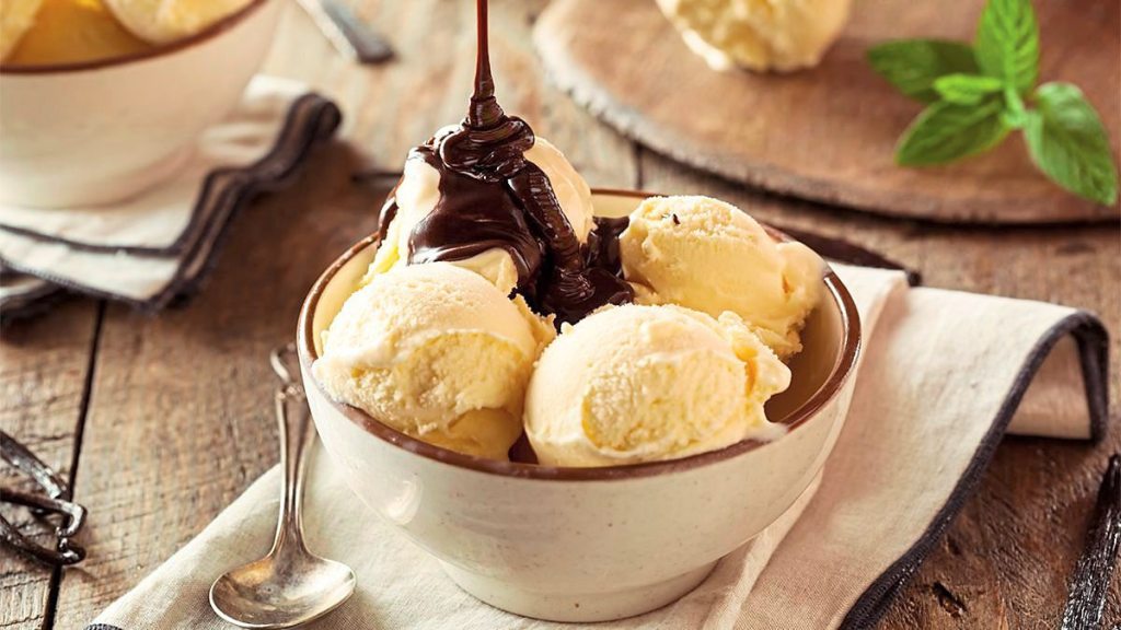 Ginger-Choco-Banana “Nice” Cream sits in a white bowl (5 minute desserts)