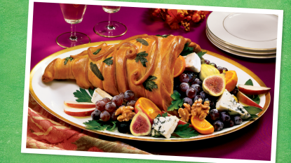 Thanksgiving Cornucopia sits on a green background (Thanksgiving appetizers)