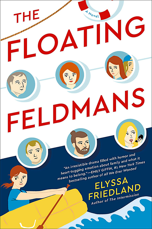 Funny Books: The Floating Feldmans by Elyssa Friedland book cover shows an illustration of a family peeking out of windows on a ship, one woman is rowing alongside the ship in a small yellow boat