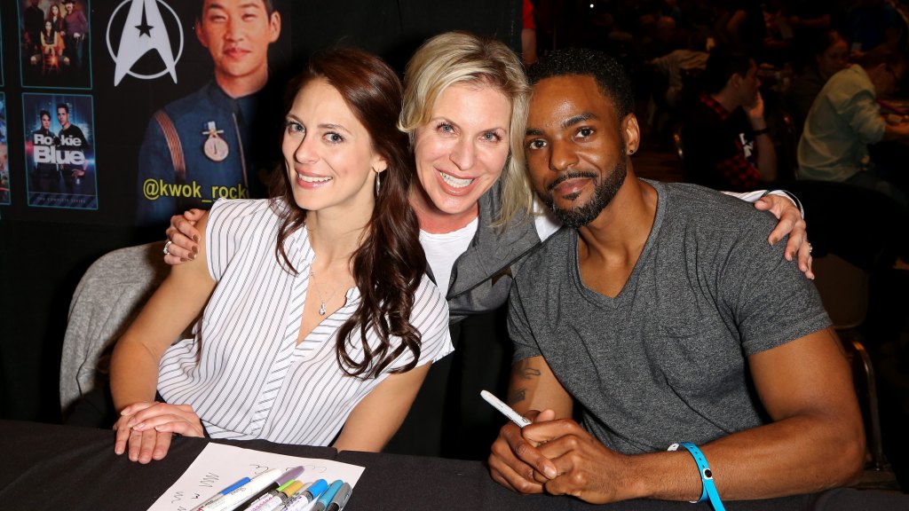 Sara Mitich, Julianne Grossman and Ronnie Rowe Jr. attend the 18th annual Official Star Trek Convention in Las Vegas, 2019