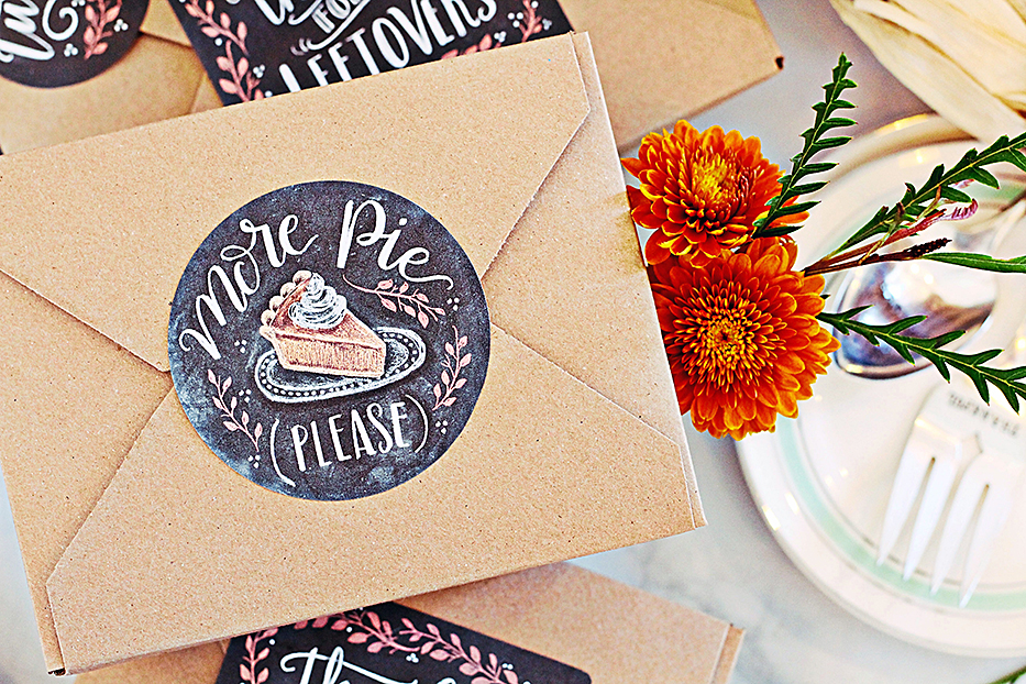 What to do with Thanksgiving leftovers: Little Labels that say "More Pie Please" pressed onto kraft paper boxes of to-go pie