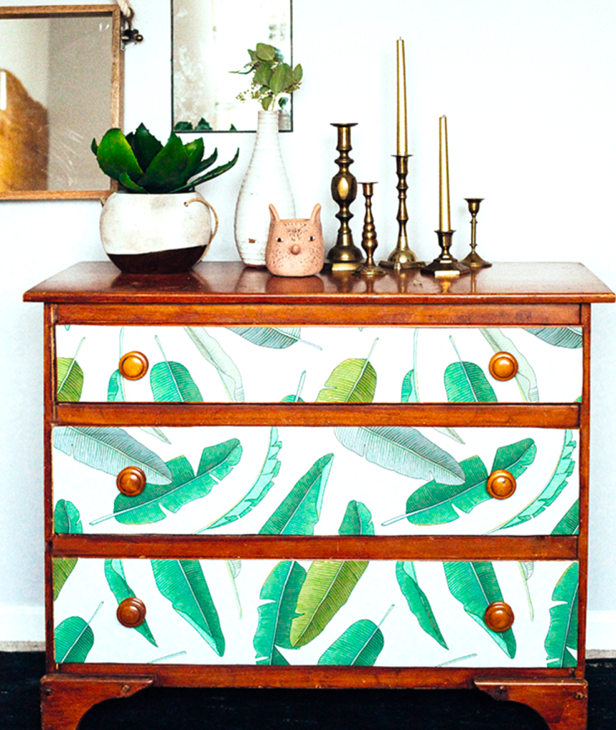 Stick-on wallpaper: Old dresser dressed up with wallpaper drawers with stick-on wallpaper