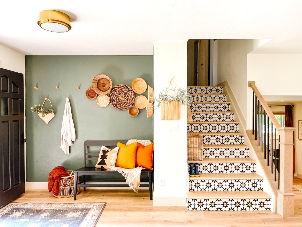 Stick-on wallpaper: Stairway covered with sunburst press-on wallpaper in entryway