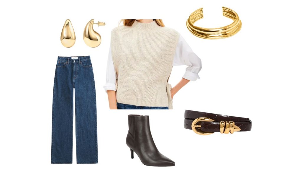 Thanksgiving outfit sweater vest and jeans