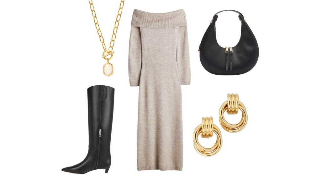 Cute Thanksgiving outfit with sweater dress and boots