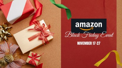 A Canva template of wrapped holiday gifts with the Amazon logo announcing their Black Friday Event starting November 17.
