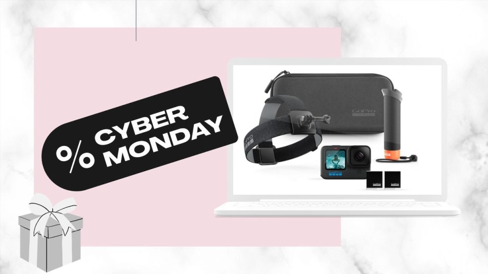 A Canva image with a pink background and gray present next to a laptop screen with a picture of a GoPro on sale at Amazon for Cyber Monday.