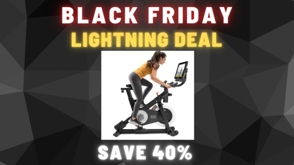 An image that reads 'Black Friday Lightning Deal, Save 40%' with a picture of a woman writing a NordicTrack indoor bicycle.