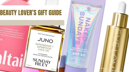 Images of beauty products from various brands in a template from Canva with text that reads: 'Beauty Lover's Gift Guide'