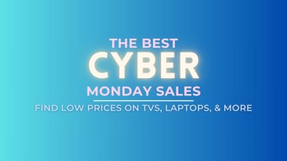 A Canva image with a blue background and glowing text that reads 'The Best Cyber Monday Sales Find Low Prices on TVs, Laptops, and More.'