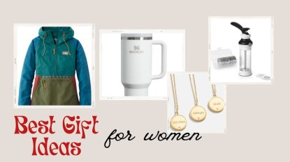 A jacket from L.L. Bean, Stanley tumbler, custom necklaces, and cookie press with text that reads 'Best Gift Ideas for women.'
