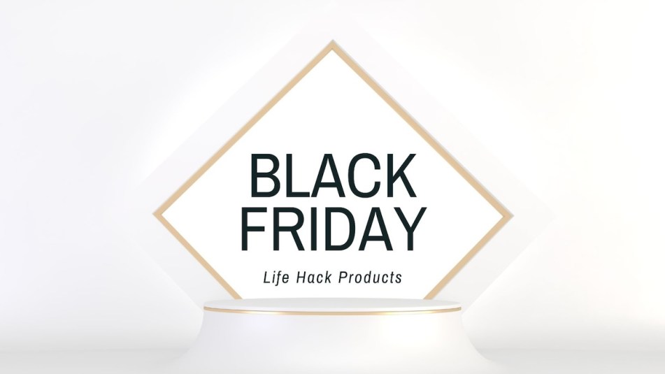A white image with a gold square outlining text that reads 'Black Friday Sale Life Hack Products.'
