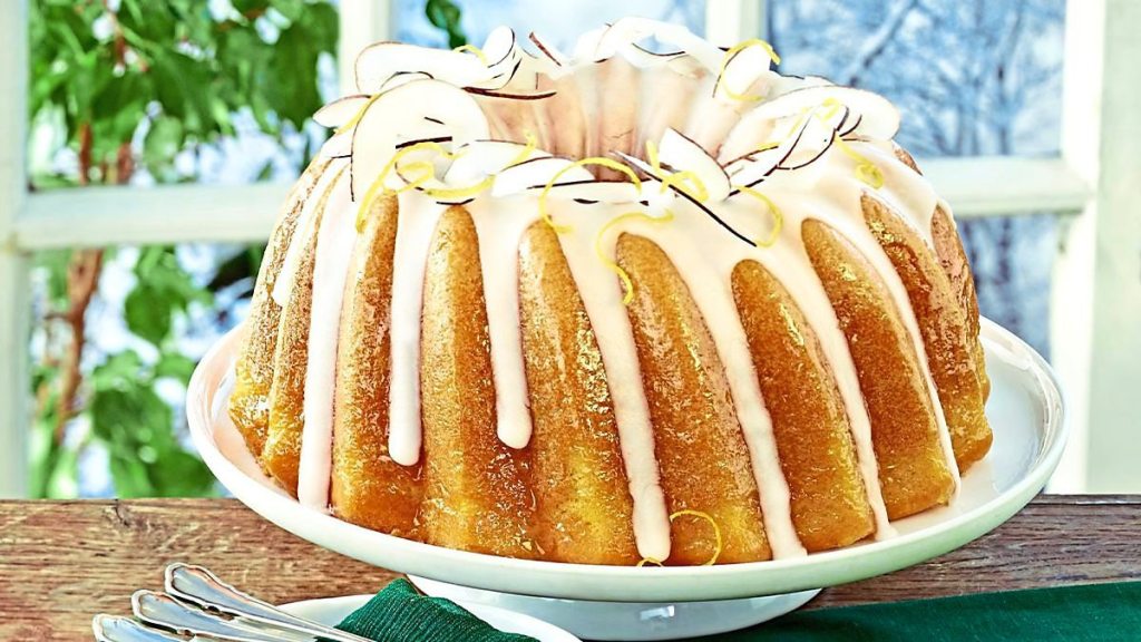 Lemon-Coconut Butter Bundt sits on a plate (Easy desserts with few ingredients)