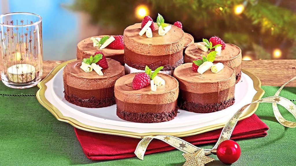 Triple-Chocolate Mini-Mousse Cakes sits on a plate (Easy desserts with few ingredients)