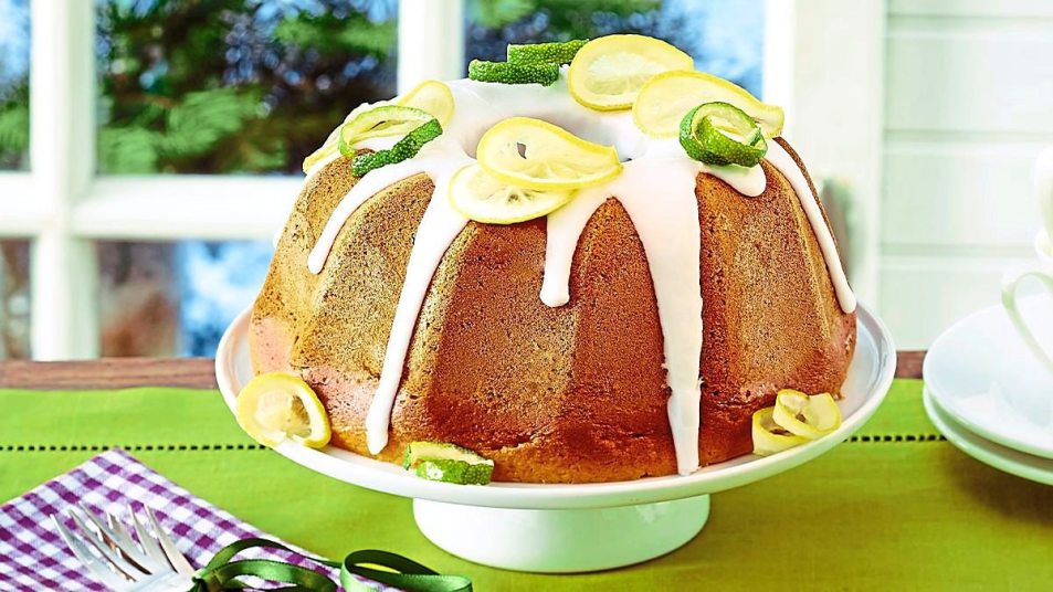 Lemon-Cream Cheese Bundt sits on a plate (Easy desserts with few ingredients)
