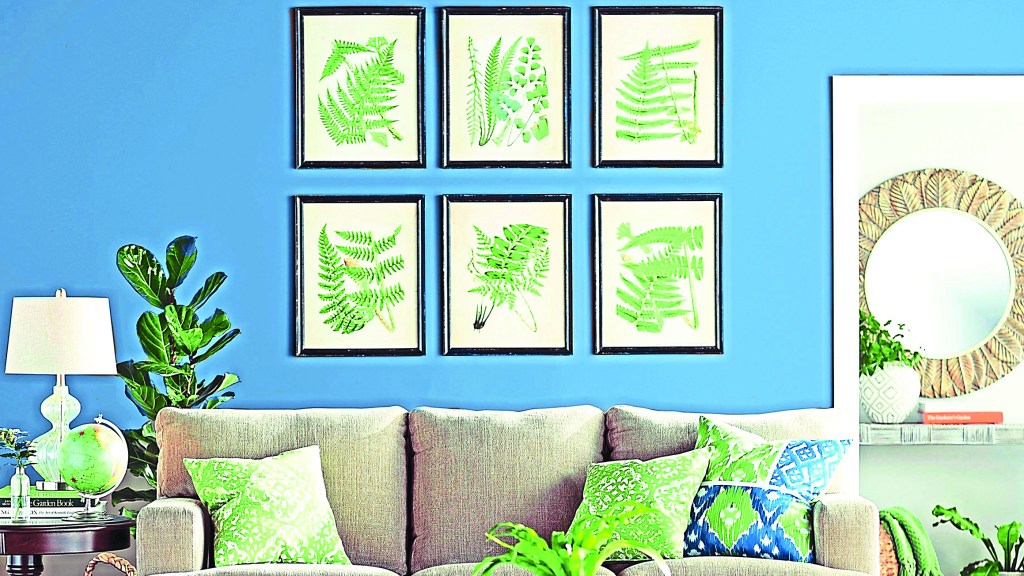 Gallery wall idea for 6 framed foliage prints hung above a couch in a living room