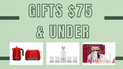 A Canva template that reads 'Gifts $75 and Under' with images of a tea kettle, toaster, whiskey tumbler and glasses, and Sephora makeup gift set.