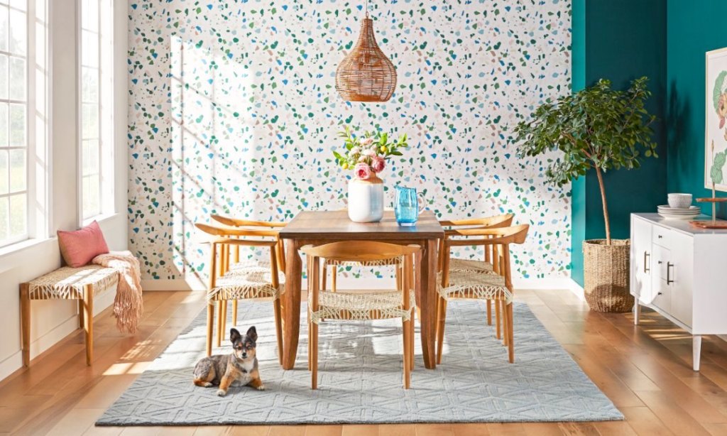 Peel and stick wallpaper ideas: Dining area with speckled print peel-and-stick wallpaper
