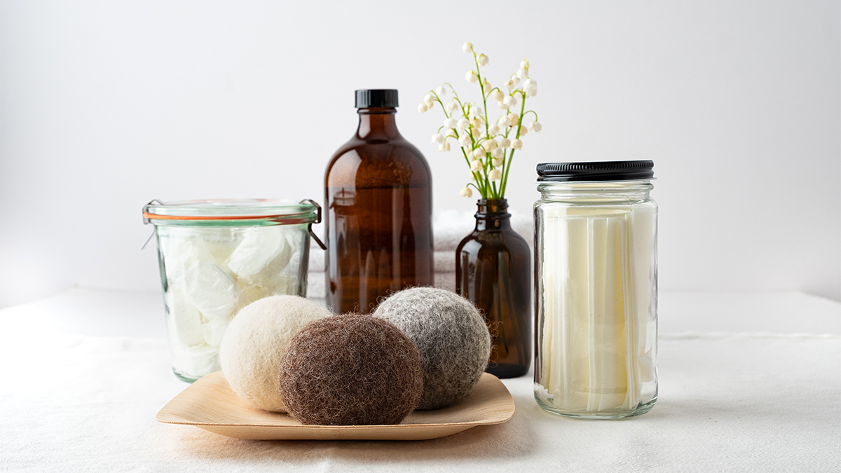 essential oil, detergent, dryer balls for cleaning