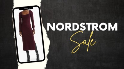 A Canva template with a cell phone featuring a plum colored dress from Nordstrom with text that reads 'Nordstrom Sale'