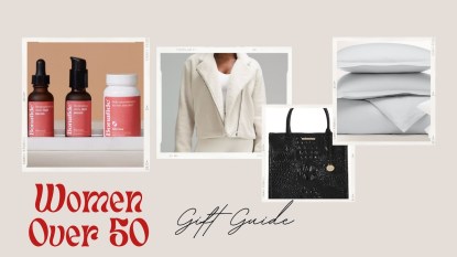 Images of products from brands included in a gift guide for women over 50 in a template from Canva.