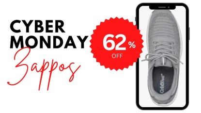 An image that reads 'Cyber Monday Zappos 62% off' with an image of Orthofeet Sneakers from Zappos.