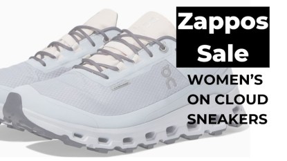 An image with On Cloud sneakers and text that reads 'Sappos Sale, Women's On Cloud Sneakers.'
