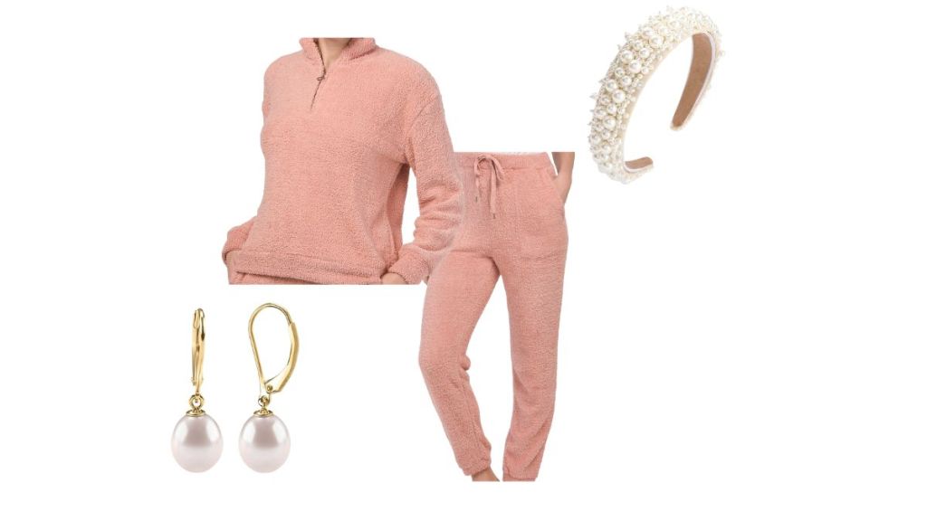 pink teddy quarter zip and pants with pearl accessories