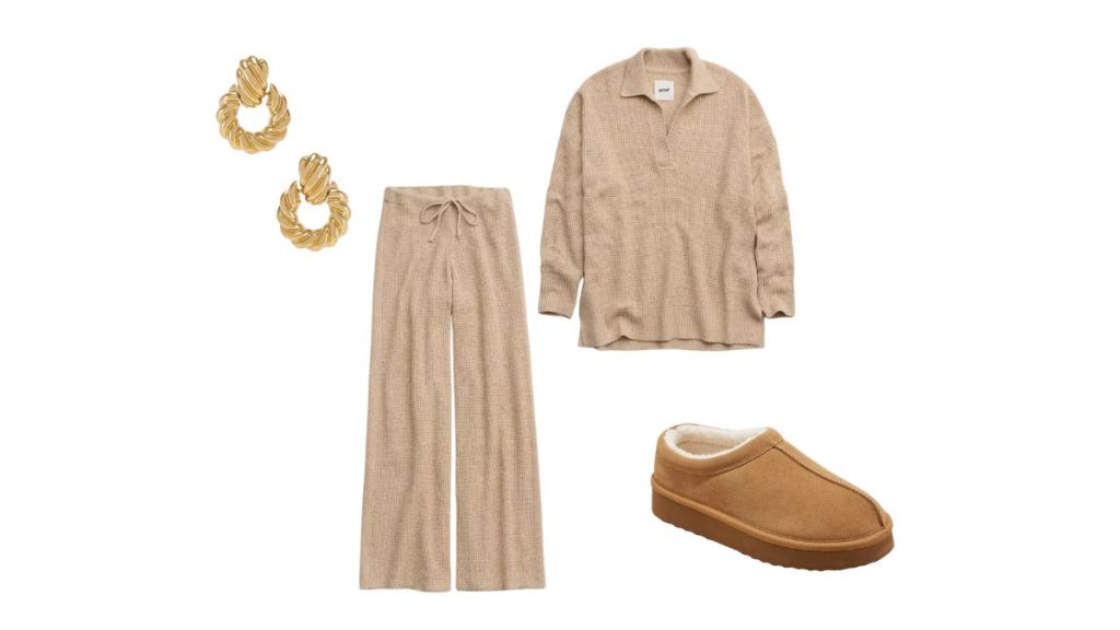 tan waffle knit set with tan booties and gold earrings