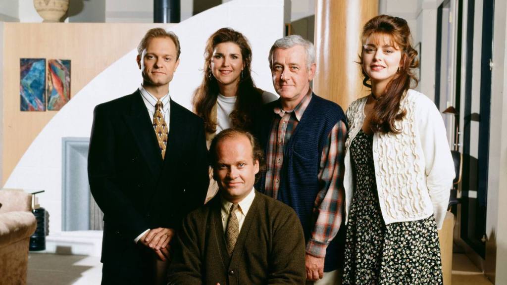 The cast of “Frasier” posing ; Comedy series on Amazon Prime