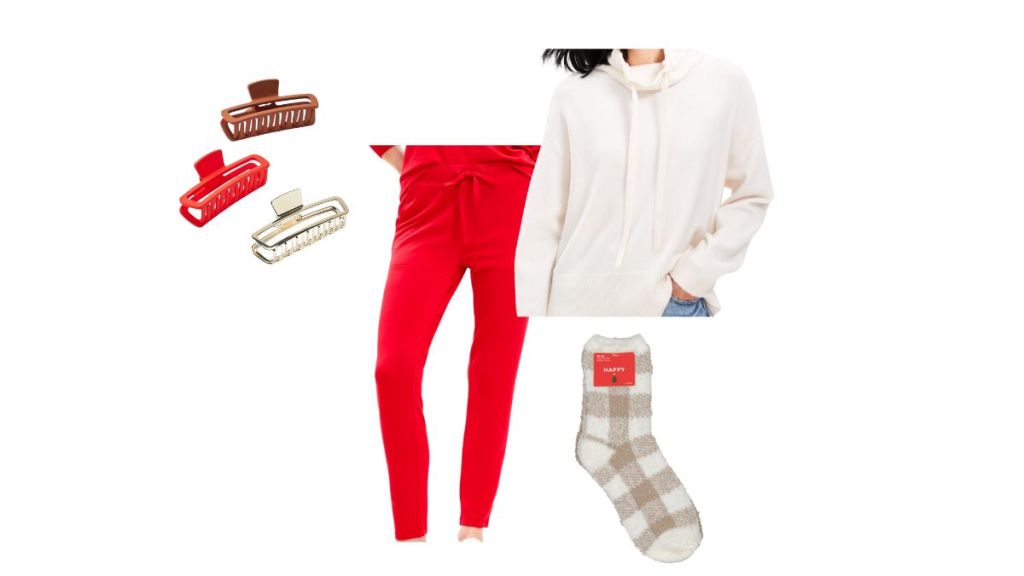 red lounge pants with white hoodie