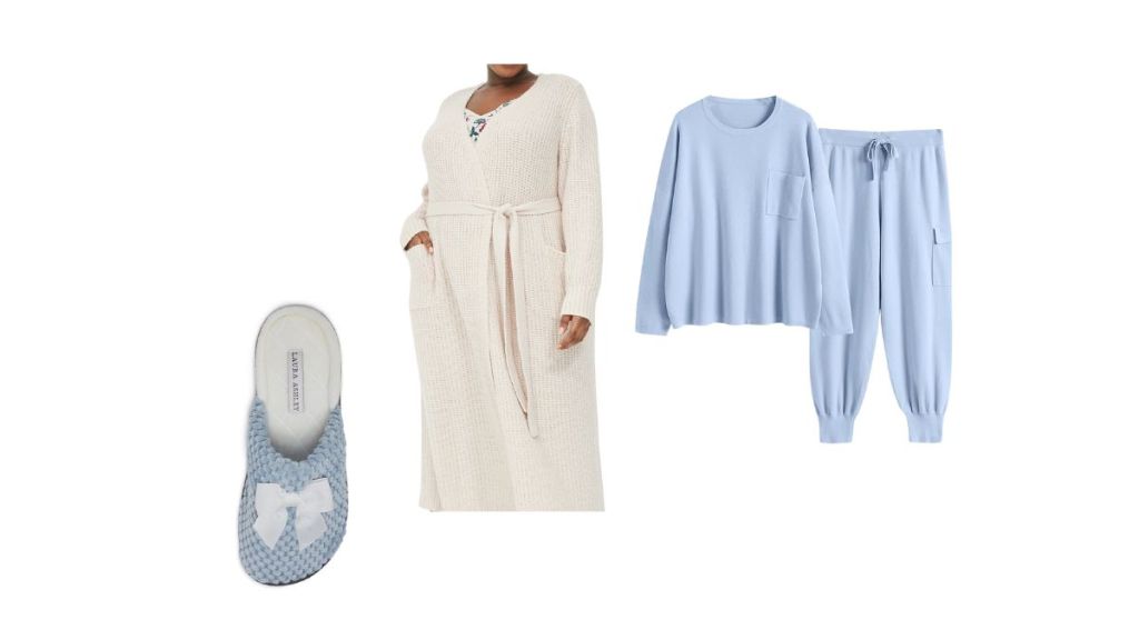 blue loungewear set with cream duster robe and blue slippers